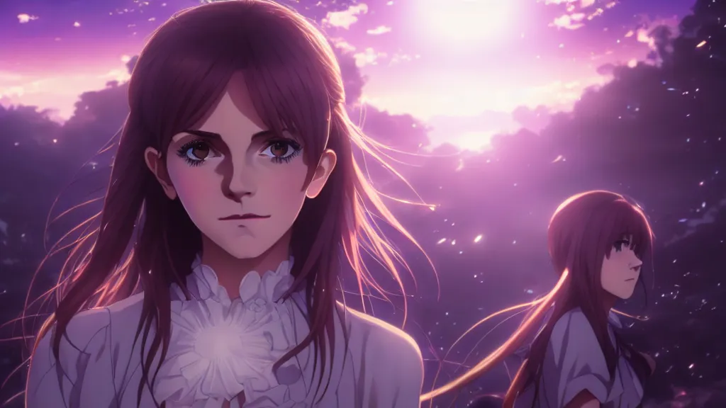 Image similar to medium portrait emma watson in heavens feel movie, detailed face, violet evergarden, tokyo, ufotable, key visual, cinematic, city background, night time, street, fate stay night, unlimited blade works, greg rutkowski, high resolution, street clothes, anime, high budget