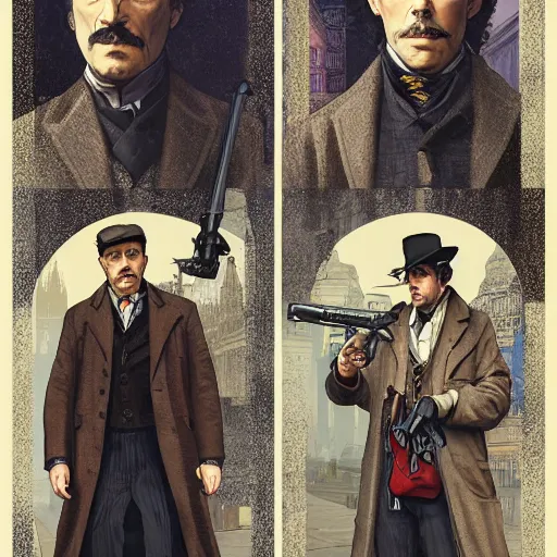 Prompt: [UHD Sherlock Holmes and Watson as GTA characters on the streets of London in 2169, correct faces, intricate, elegant, graphic detail, digital painting, trending on artstation, concept art, tonalism, sharp focus, illustration, art by Miguel Vasquez and Greg Rutkowski and Alphonse Mucha]