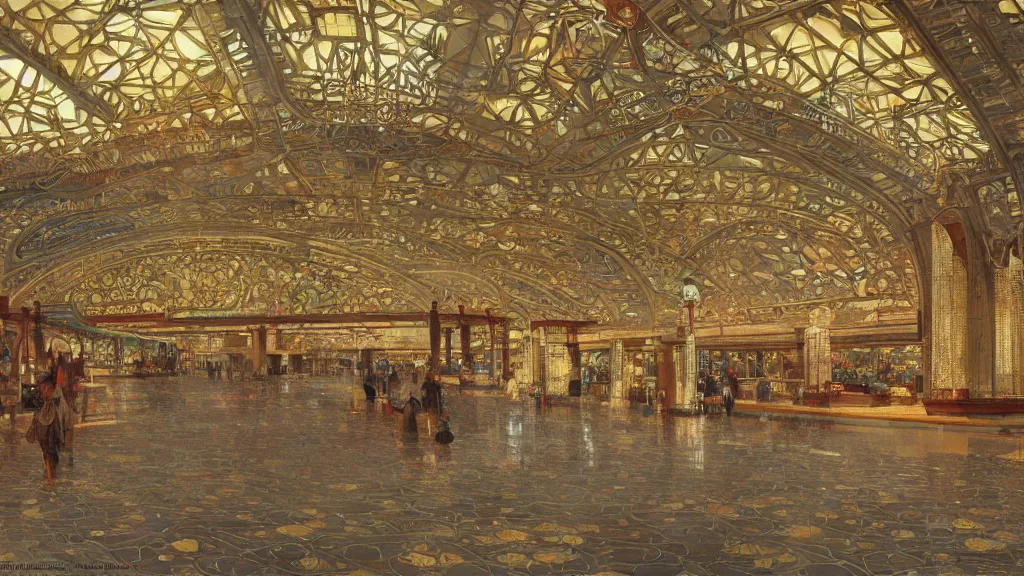 Image similar to a beautiful painting of an ornate airport designed by frank lloyd wright, with gold and mosaics, intricate, elegant, highly detailed, digital painting, artstation, concept art, by krenz cushart and artem demura and alphonse mucha