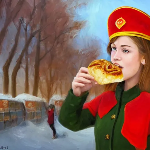 Prompt: high detail portrait oil painting illustration of beatiful girl as soviet red army soldier eating hot baked bun by justin sweet with face and body clearly visible, in a scenic background, pupils visible, realistic proportions, d & d, rpg, forgotten realms, artstation trending, high quality, sombre mood, artstation trending, muted colours, entire person visible!