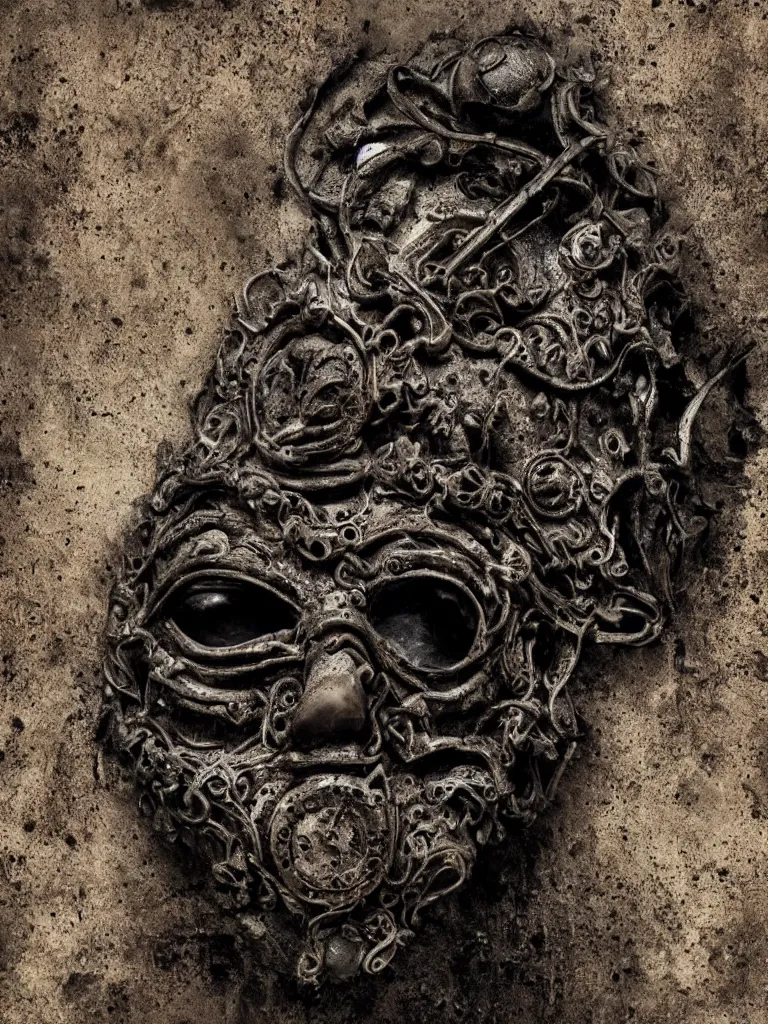 Image similar to extra wide view. an ominous dark ancient mask. barron. worn out photography. sepia. cracks. hyper - detailed. gothic steampunk. low poly medieval baroque. symmetric. epic. hyper - realistic. unreal render.
