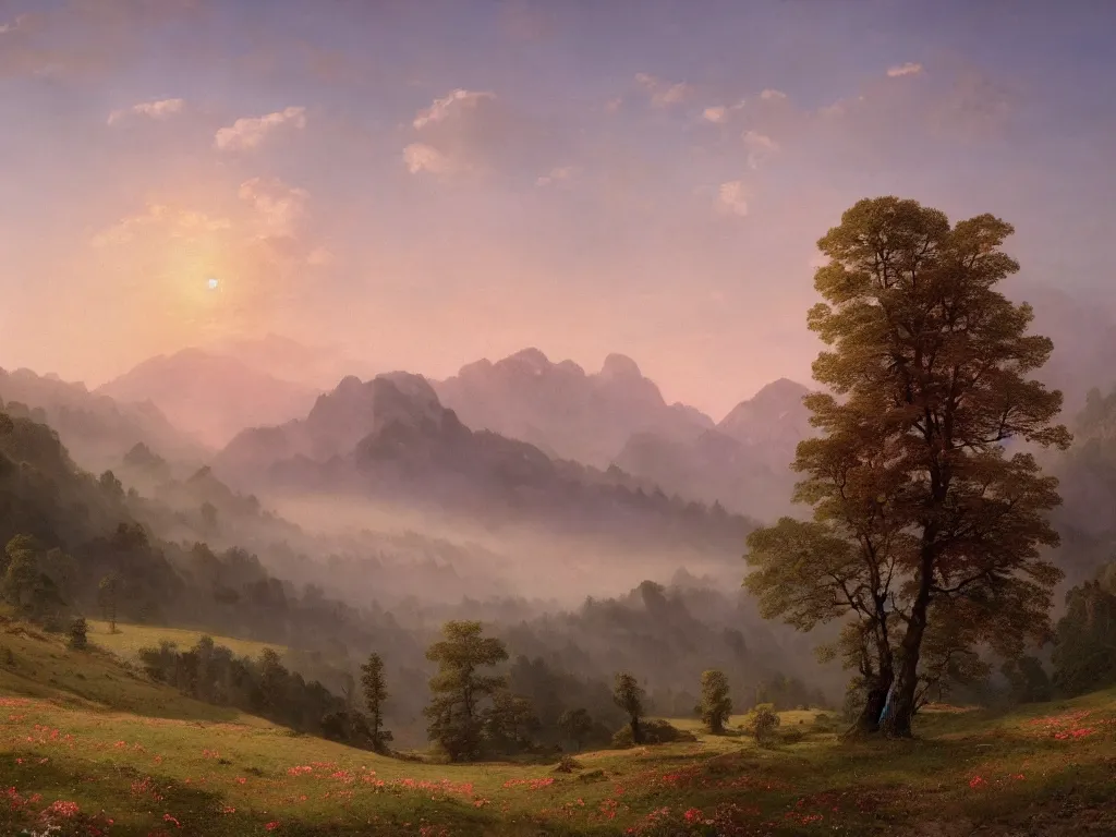 Image similar to epic landscape with rolling hills, groups of old trees with flower meadows in between in early morning light, small pink clouds in the sky and and misty mountains with snowy tops in the far background by alexandre calame and bob ross, godrays, velvia 5 0, large format camera, artstation, vray render