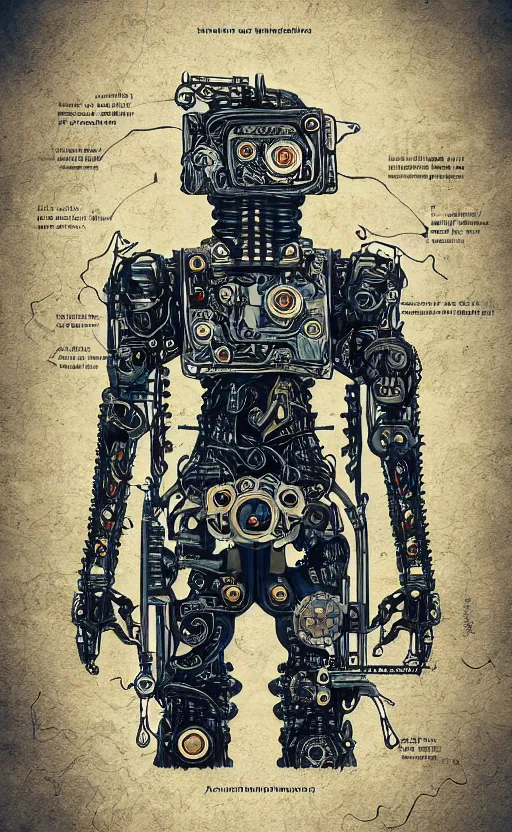 Image similar to anatomy of the terminator, robot, cyborg, t 1 0 0, steampunk, bloodborne diagrams, mystical, intricate ornamental tower floral flourishes, rule of thirds, technology meets fantasy, map, infographic, concept art, art station, style of wes anderson