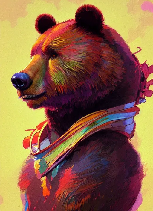 Image similar to portrait of anthropomorphic bear, colorful, highly detailed, digital painting, artstation, concept art, smooth, sharp focus, illustration, art by artgerm and greg rutkowski and alphonse mucha