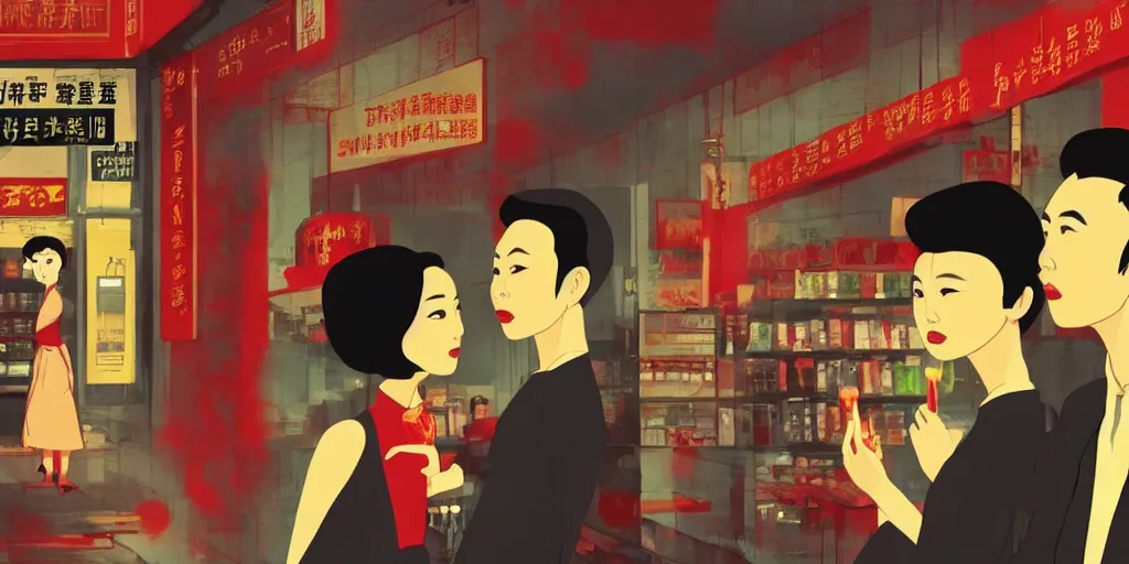 Image similar to style of wong kar - wai and in the mood for love, background in 7 - 1 1 store, background blur, two cartoon sprites talking with each other, cinematic, movie scene, high details, romantic