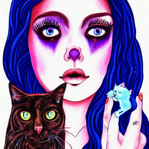 Prompt: a painting of a woman holding a cat, a character portrait by harumi hironaka, trending on deviantart digital illustration