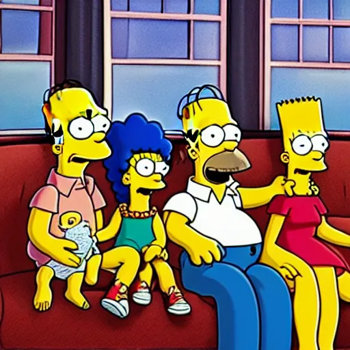 Image similar to Simpsons family sitting on the couch watching TV , Stanley artgerm lau, dynamic lighting, stunning visuals, creative, trending on art station -150