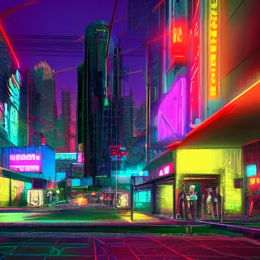 Prompt: cyberpunk photo of downtown Mesa Arizona, 2077, photorealistic, highly detailed, colorful, neon, night time, 4k