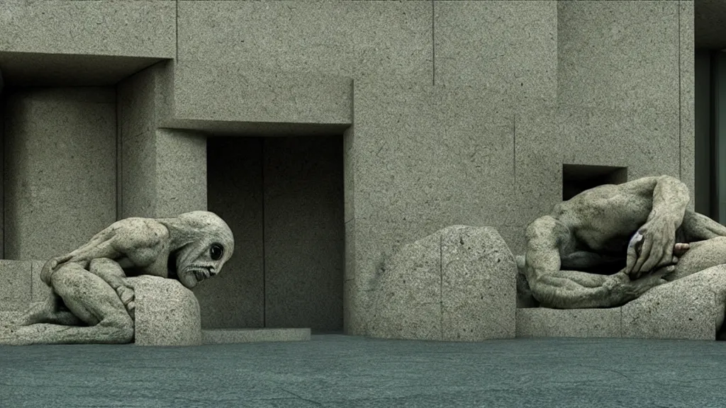 Image similar to the strange creature in line at the bank, made of stone and water, film still from the movie directed by Denis Villeneuve with art direction by Salvador Dalí, wide lens