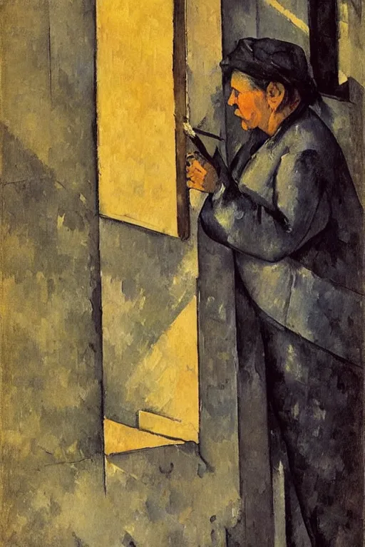 Image similar to an elderly and content italian woman leaning out of the window of an old building, smoking a cigarette, by paul cezanne, firenze, sunset, smooth, expressionist, gold, portrait