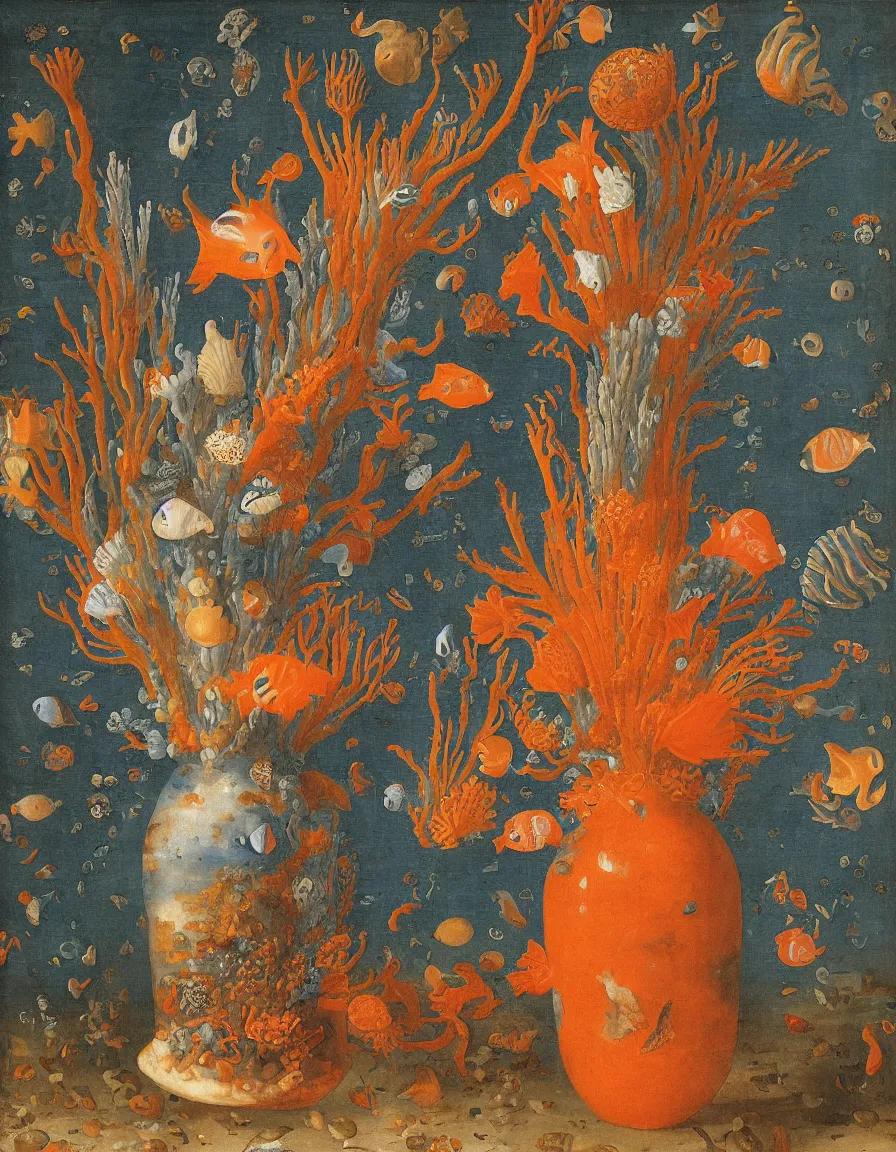 Prompt: bottle vase of coral under the sea decorated with a dense field of stylized scrolls that have opaque outlines enclosing mottled blue washes, with orange shells and purple fishes, Ambrosius Bosschaert the Elder, oil on canvas, around the edges there are no objects