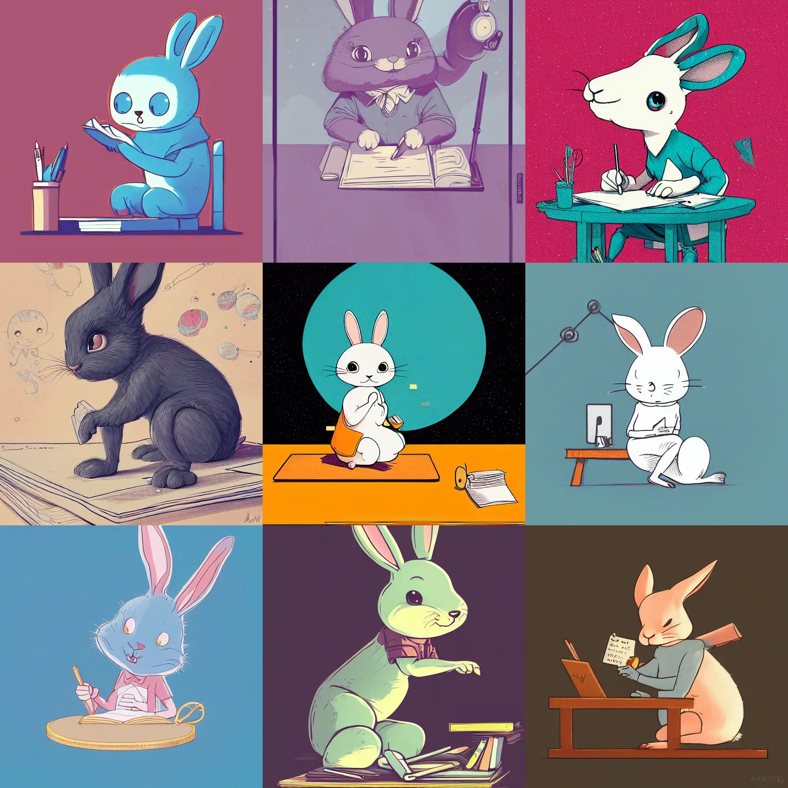 Prompt: a cute happy cartoon rabbit sitting at a desk writing on a paper, llustration, josan gonzales, wlop, james jean, Victo ngai, David Rubín, Mike Mignola, Laurie Greasley, artgerm, highly detailed, sharp focus, Trending on Artstation, HQ, deviantart