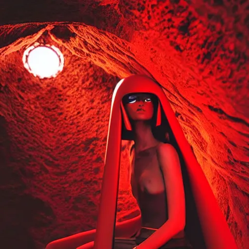 Image similar to female fashion model in year 3000 in a cave, model wearing a surreal Avant-garde helmet in red, dramatic lighting,photography , official Versace editorial , highly detailed