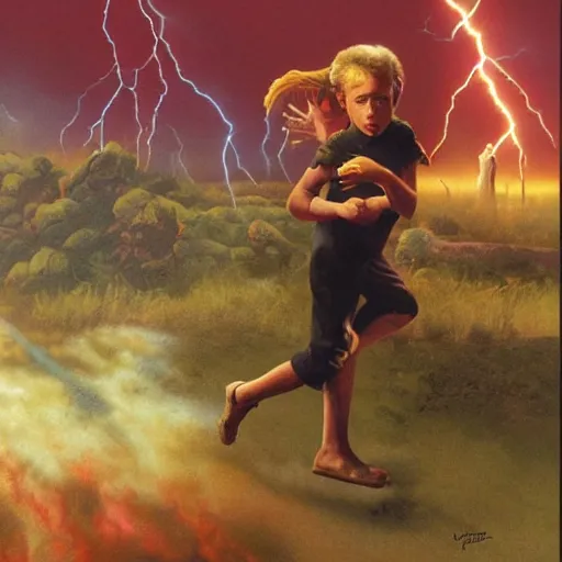 Image similar to a running child surrounded covered, lightning, vapor, mist, smoke, blood drops, fire, a highly detailed matte painting by John Philip Falter and Jason Edmiston