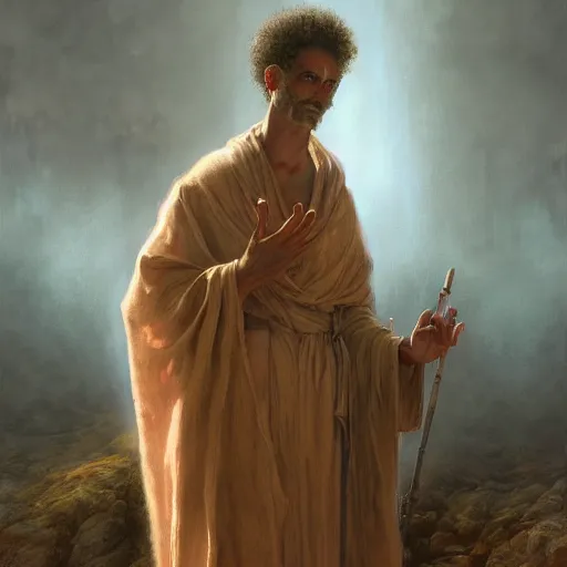 Image similar to a photographic portrait of a humanoid in robes with a halo standing in front of a tent holding a bowl of smoke by gustave dore and stephen hickman and allen williams, trending on artstation, cgsociety, 4 k hd, earthtone colors, skulls in the smoke, an open canvas tent in the background