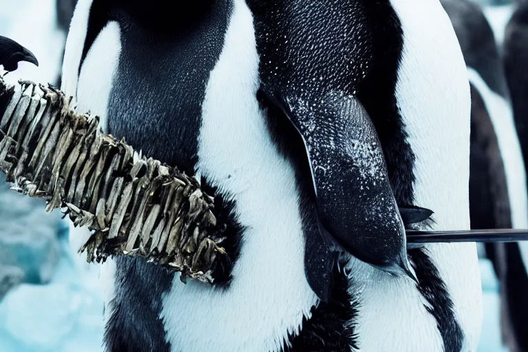 Image similar to movie scene closeup penguin wearing fishbone armor holding a katana sword in a lush arctic. by emmanuel lubezki