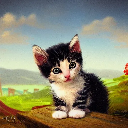 Prompt: a portrait of a cute kitten character in a scenic environment by andrews, esao