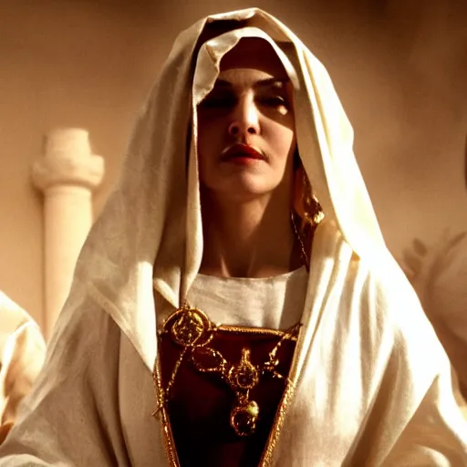 Image similar to stunning awe inspiring madonna as the female jesus christ, movie still 8 k hdr atmospheric lighting