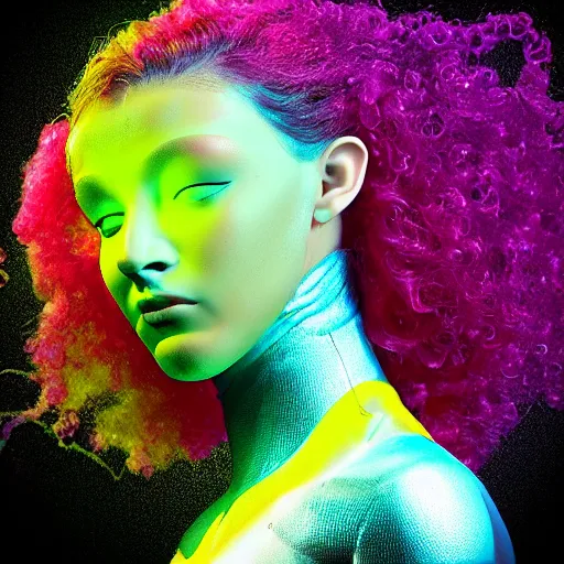 Prompt: Vass Roland cover art body art electronic hoodie ghetto afro android machine cables gen pose future bass girl unwrapped dress smooth body unfolds statue bust curls of hair petite lush front and side view body photography model full body curly jellyfish lips art contrast vibrant futuristic fabric skin jellyfish material metal veins style of Jonathan Zawada, Thisset colours simple background objective