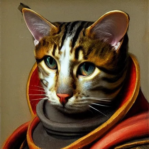 Prompt: renaissance portrait painting of a cat in a suit of armor, artstation, highly detailed