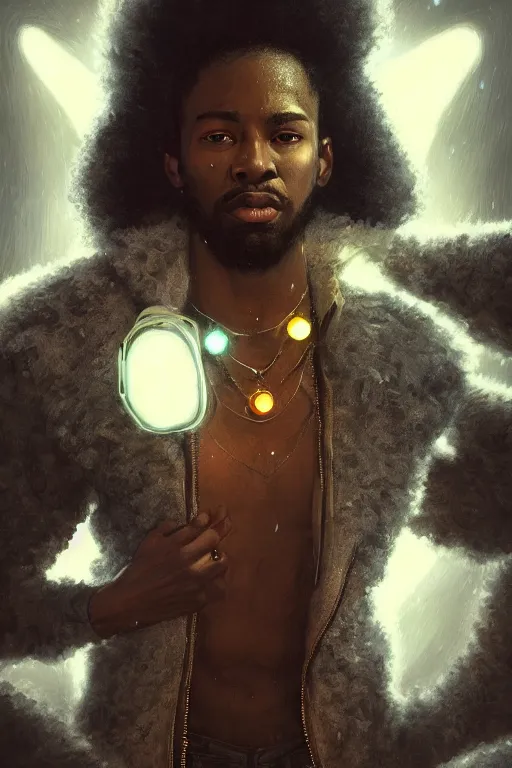 Image similar to ultra realistic illustration, black man with hightop afro, snowy, cold, volumetric lighting, hacknaut cyberpunk, sci - fi, fantasy, intricate, elegant, highly detailed, digital painting, artstation, concept art, smooth, sharp focus, illustration, art by artgerm and greg rutkowski and alphonse mucha