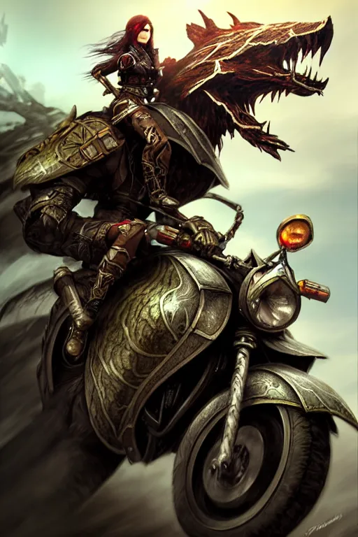 Image similar to Eir Stegalkin on a motorcycle of Guild Wars 2, concept art, close-up, digital art, hyper-realistic, highly detailed