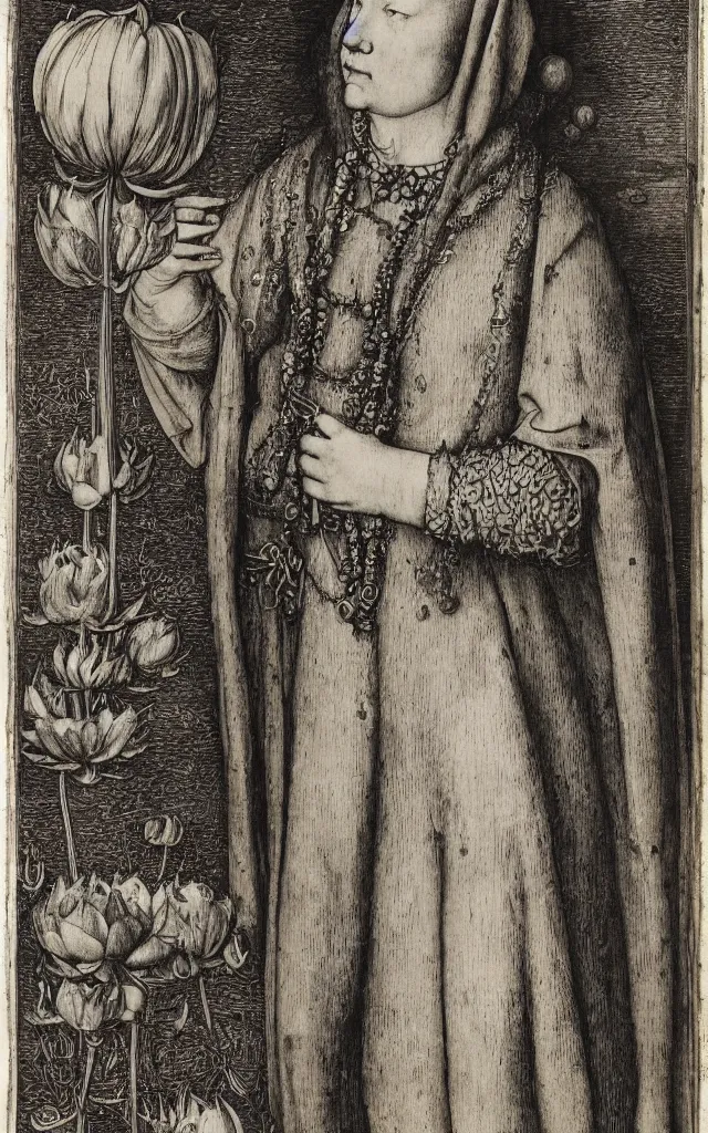 Prompt: Albrecht Durer, Hans Holbein, Lucas Cranach, engraving of a female boddhisatva standing on a lotus flower