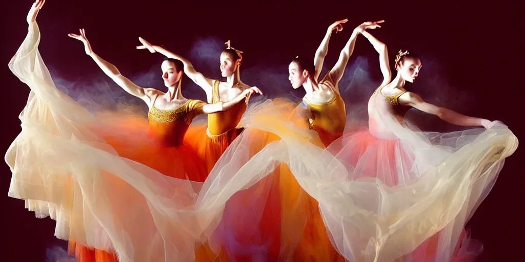 Image similar to realistic photography of dancers with long gorgeous clothes , renaissance epic scene . Fluidity, elegance, beauty, colorful smoke in the stage. high details. by CHRISTY LEE ROGERS