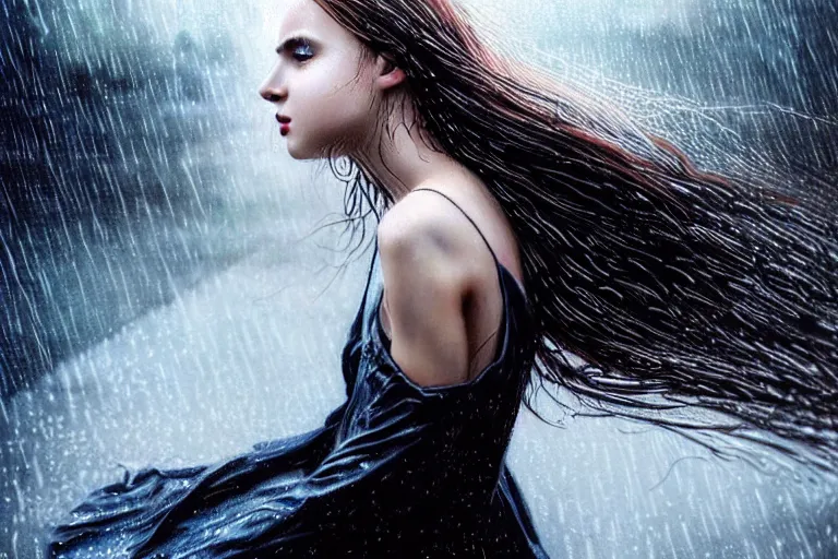 Prompt: girl flying freely in rain with wet hair and face, glowing eyes, fantasy, captivating dynamic facial expression, intricate, elegant, dramatic lighting, emotionally evoking symbolic metaphor, highly detailed, lifelike, photorealistic, digital painting, artstation, concept art, smooth, sharp focus, illustration, art by John Collier and Albert Aublet and Krenz Cushart and Artem Demura and Alphonse Mucha