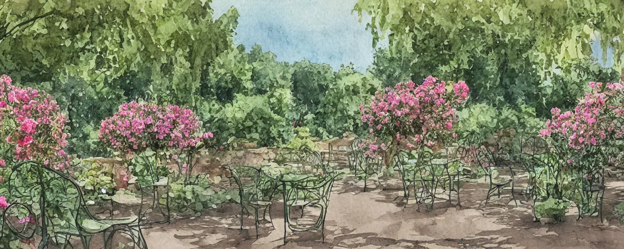 Prompt: isomeric view, delicate lake in a botanic garden, road, sparrows, chairs on a botanical herbarium paper, watercolor colored painting, iridescent colors, 8 k, realistic shaded, fine details, artstation, italian style, colonnade, vines, grapes, flowers, gardena architecture, pompeii