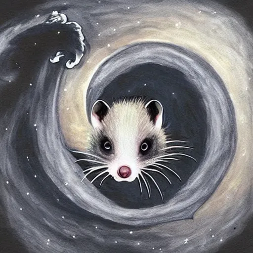 Image similar to “an opossum screaming at the moon on a pile of trash, 90’s airbrush design”