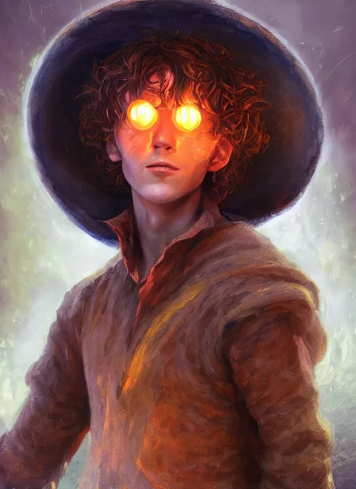 Image similar to Fifteen year old teenage hobbit wizard, short brown hair, pimples, mage hat, Orange Magic energy swirling body, Ivan Aivakovsky, Boris Vallejo, epic fantasy character art, D&D Concept Art, full length, Realistic, Regal, Refined, Detailed Digital Art, Oil Paining, Exquisite detail, post-processing, masterpiece, Cinematic Lighting, Unreal Engine, 8k, HD