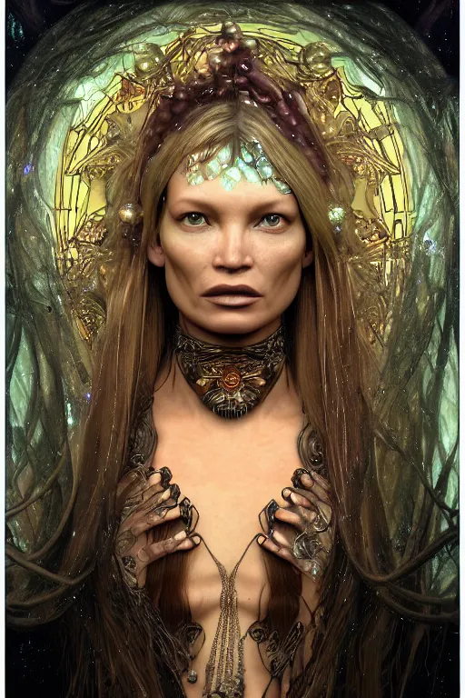 Image similar to a realistic dark photo of a beautiful ancient alien woman goddess kate moss in jewelery and fractals in style of alphonse mucha art nuvo dmt lsd trending on artstation made in unreal engine 4