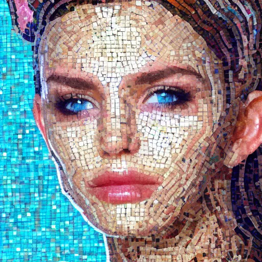 Prompt: portrait mosaic of a beautiful cute young woman with robot ears and eyes, 4k, intricate details