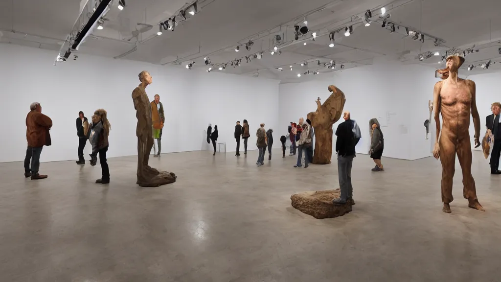 Prompt: gallery view, new sculptures by paul mccarthy and ron mueck