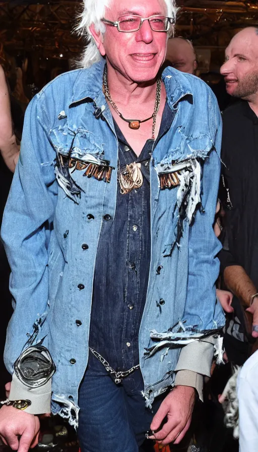 Image similar to Famous heavy metal glam rocker Bernie Sanders with a neon mohawk, ripped denim jacket and lots of jewelry