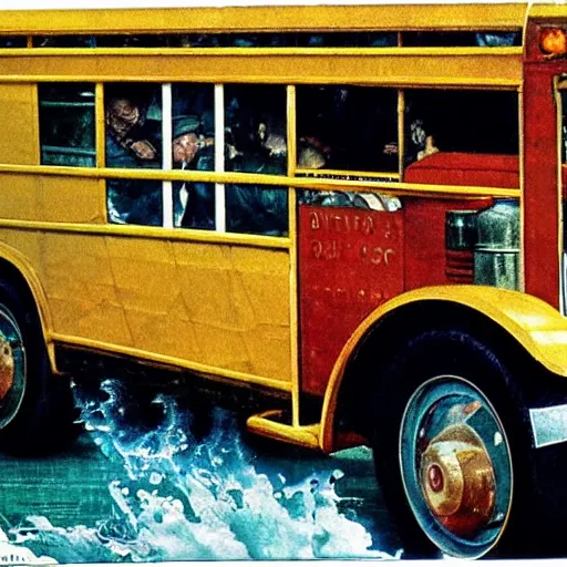 Prompt: Walter white driving a school bus full of Water Whites, Norman Rockwell