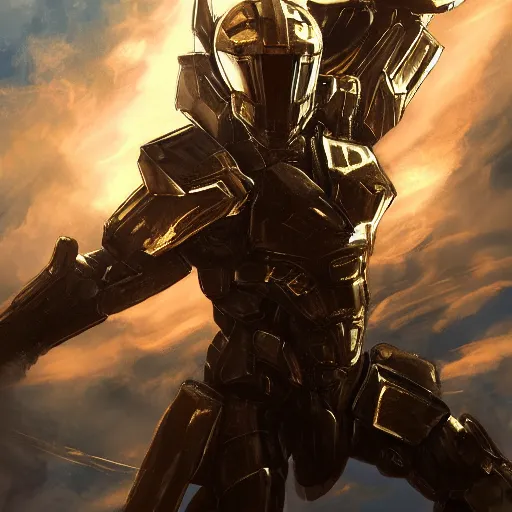 Prompt: full body picture of armored valkyrie descending from clouds, renaissance halo, gold lighting, cinematic, art, elegant, powerful, digital painting, sharp details