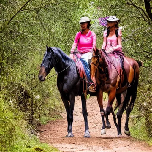 Prompt: women, riding man like a horse, on a small path in the hills