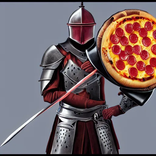 Image similar to medieval fantasy knight using pepperoni pizza as a shield instead, full body, portrait, photography, detailed, 8K, render