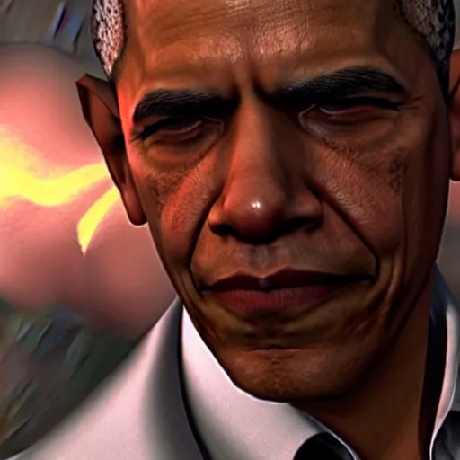 Image similar to Barak Obama in Devil May Cry, film still, photorealistic