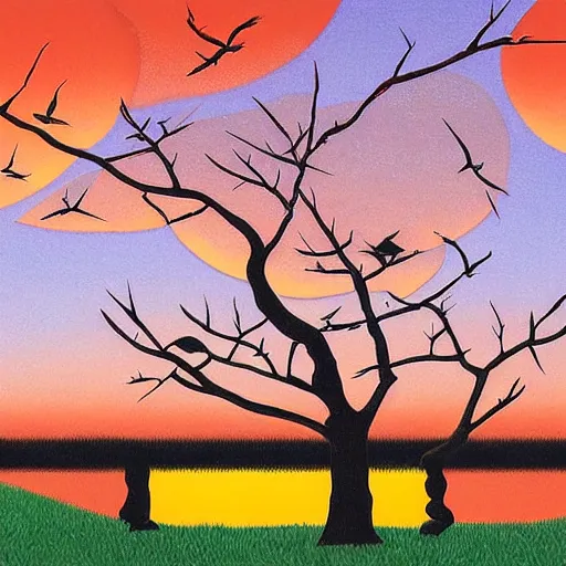 Prompt: birds on cherry tree, Changelingcore, serene, graceful, sunset photo at golden hour, Kodachrome, digital painting by M. C. Escher n -9