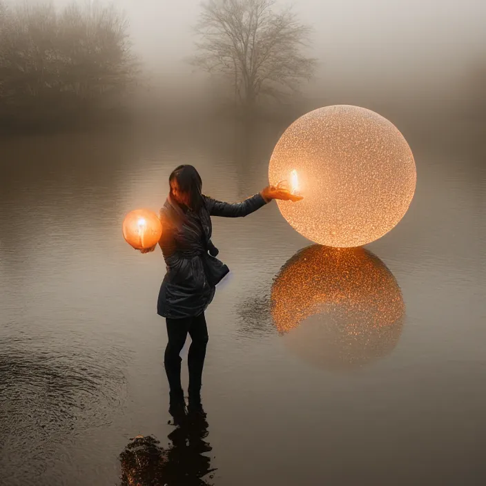 Prompt: a closeup portrait of a woman wrapped in plastic, standing next to a giant huge levitating copper orb, in a foggy pond, golden hour, color photograph, by vincent desiderio, canon eos c 3 0 0, ƒ 1. 8, 3 5 mm, 8 k, medium - format print