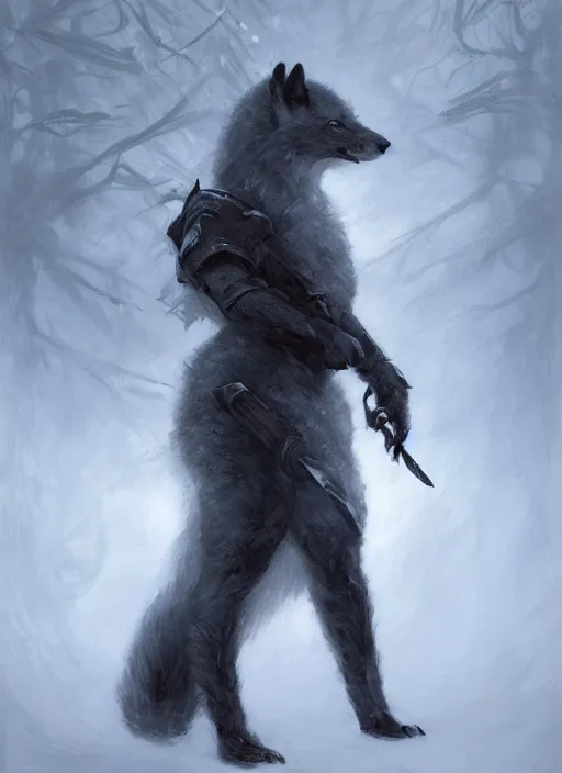 Prompt: character concept portrait of a bipedal Arctic Fox, dark fur, Paladin with in full metal armor with a sword and shield, a blizzard drifts through the forest behind her, intricate, elegant, digital painting, concept art, smooth, sharp focus, illustration, from Metal Gear, by Ruan Jia and Mandy Jurgens and William-Adolphe Bouguereau, Artgerm