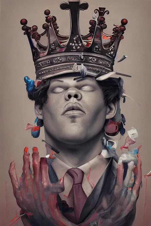 Image similar to a painting of magnus carlsen as king of chess, a surrealist painting by james jean, trending on cgsociety, pop surrealism, androgynous, grotesque, angular