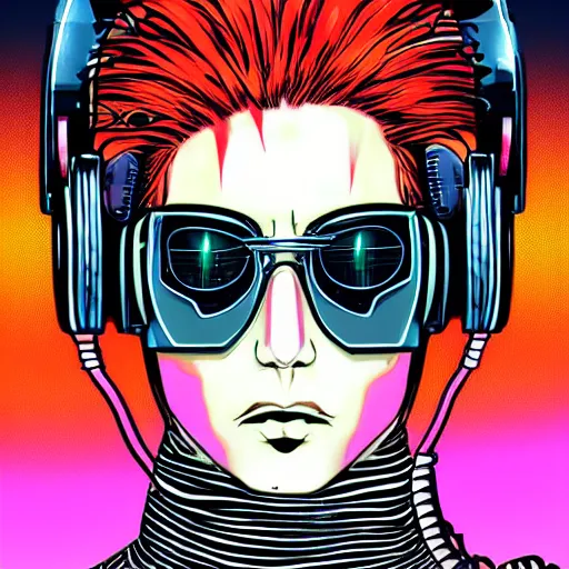 Image similar to a drawing of a person with headphones on, cyberpunk art by Hirohiko Araki, behance, funk art, synthwave, darksynth, official art