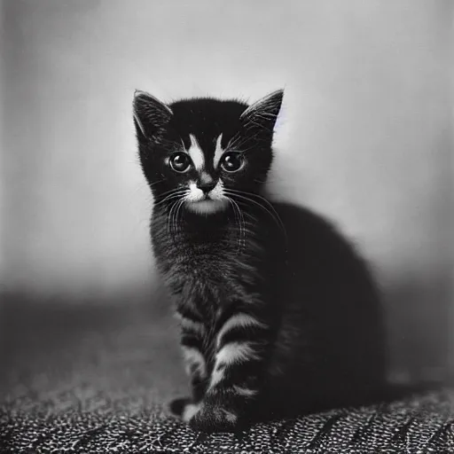 Prompt: a portrait photo of a cute kitten wearing a tuxedo, by edward weston, auto graflex, 2 1 0 mm ƒ / 6 4 zeiss tessar, agfa isopan iso 2 5, pepper no. 3 5, 1 9 3 0, high quality photo, highly detailed, studio lighting, fine - art photography, tack sharp