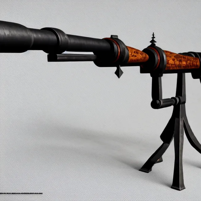 Prompt: wrought - iron cannon gun arquebus with wooden intarsia grip and telescopic sight, unreal engine, 8 k render