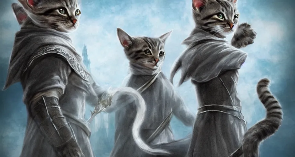 Image similar to if cats were lord of the rings characters, lotr, cats, cats dressed in lotr costumes, hobbits, gandalf, elves, dwarves, 4 k, hyper realistic, artstation