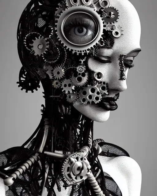 Image similar to black and white dreamy foggy smoky profile face portrait, one silver steampunk eye biomechanical beautiful young female cyclope - cyborg - robot bust, body ribs meshes,, volumetric light, hibiscus flowers, by hg giger, rim light, by dora maar and cecile beaton, big gothic fashion pearl embroidered collar, 8 k